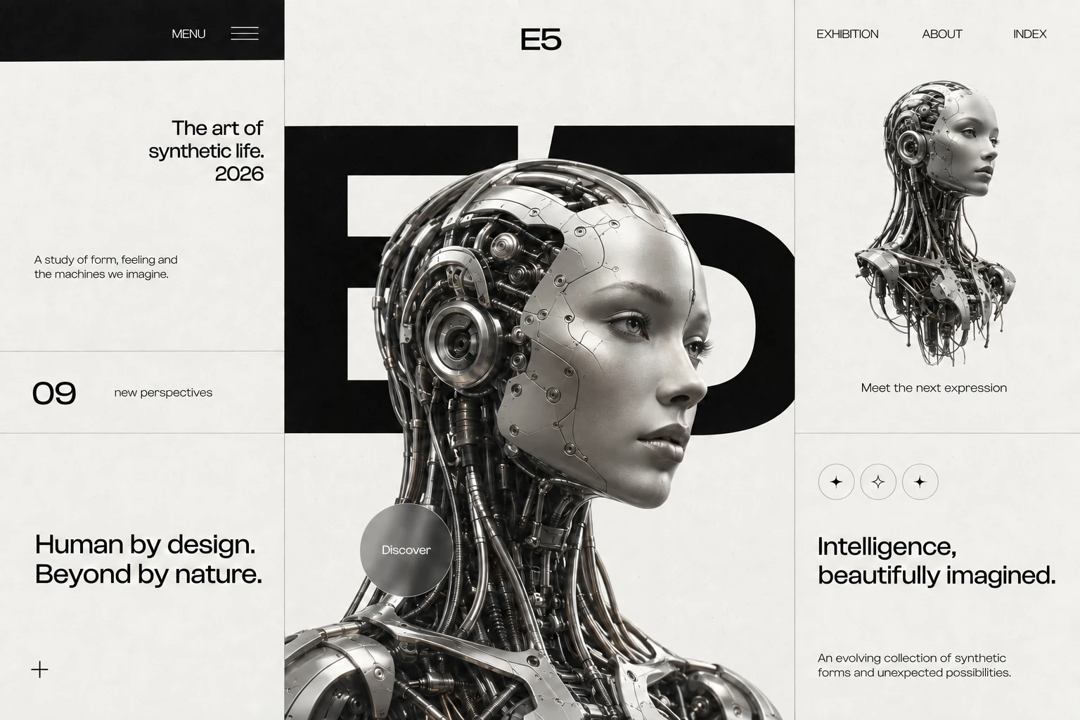 Original E5 robotics exhibition website concept with an editorial grid and silver android
