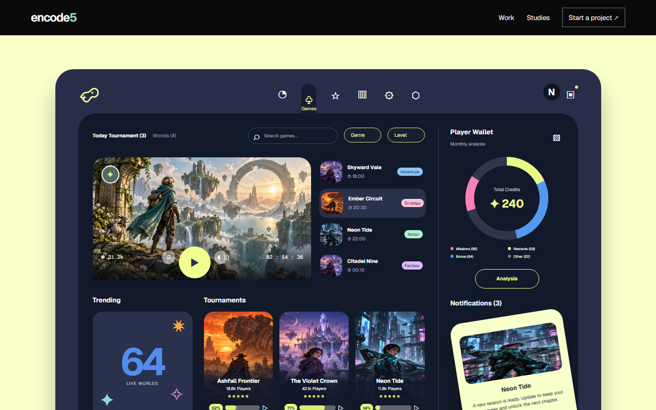 Aether Play gaming hub dashboard study